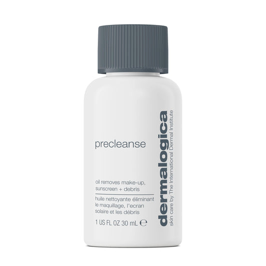 Bild einer 30-ml-PreCleanse-Flasche von Dermalogica mit grauem Deckel. Das Etikett betont die ölbasierte Formel, die ideal für die Hautpflege ist und Make-up, Sonnenschutzmittel und Schmutz effektiv entfernt.