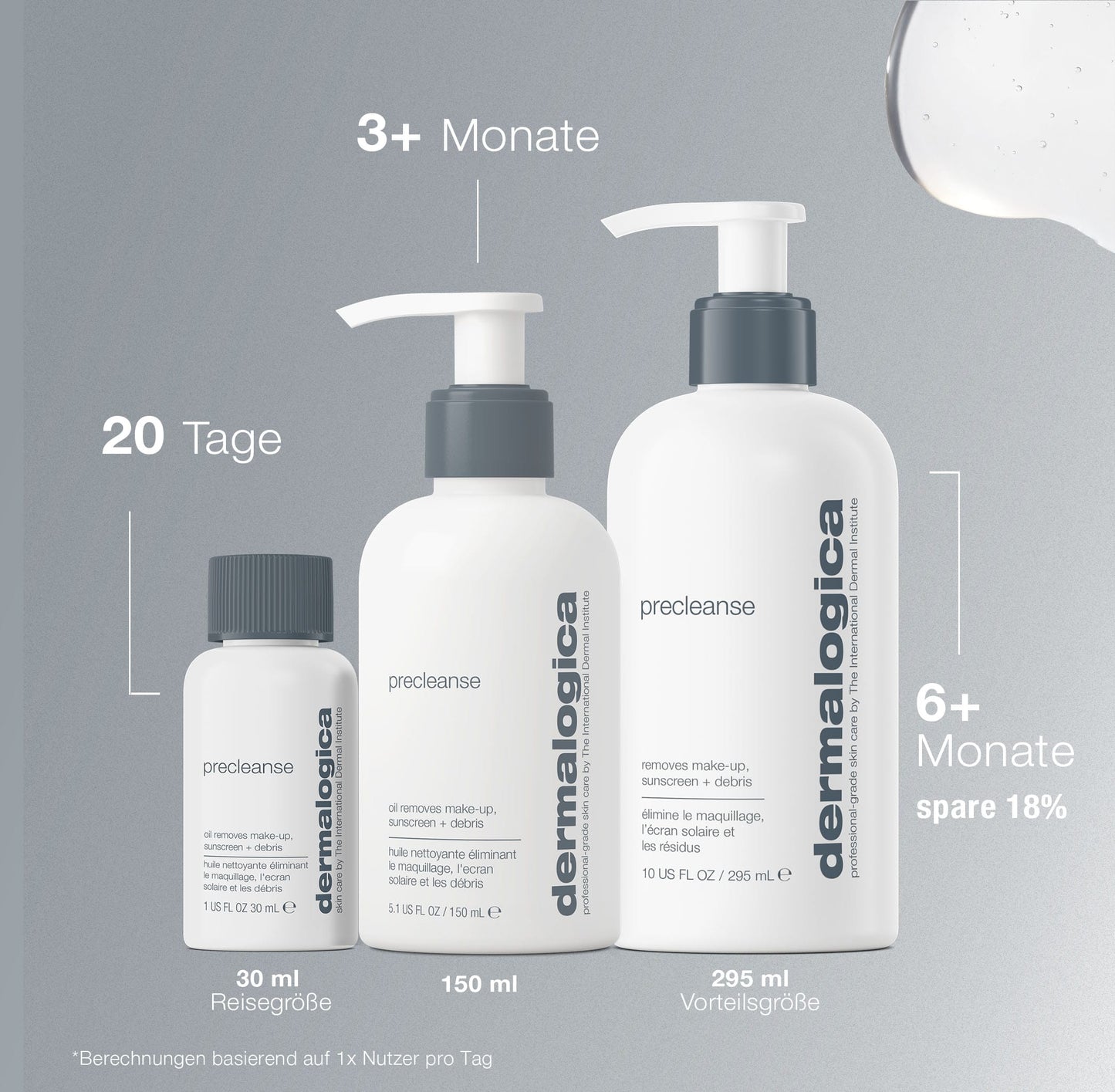 Drei PreCleanse Flaschen (30ml, 150ml, 295ml)-wasserlösliches Reinigungsöl für bis zu 6+ Monate-bieten effektiven Make-Up Entferner und vegane Hautpflege vor hellem Hintergrund.
