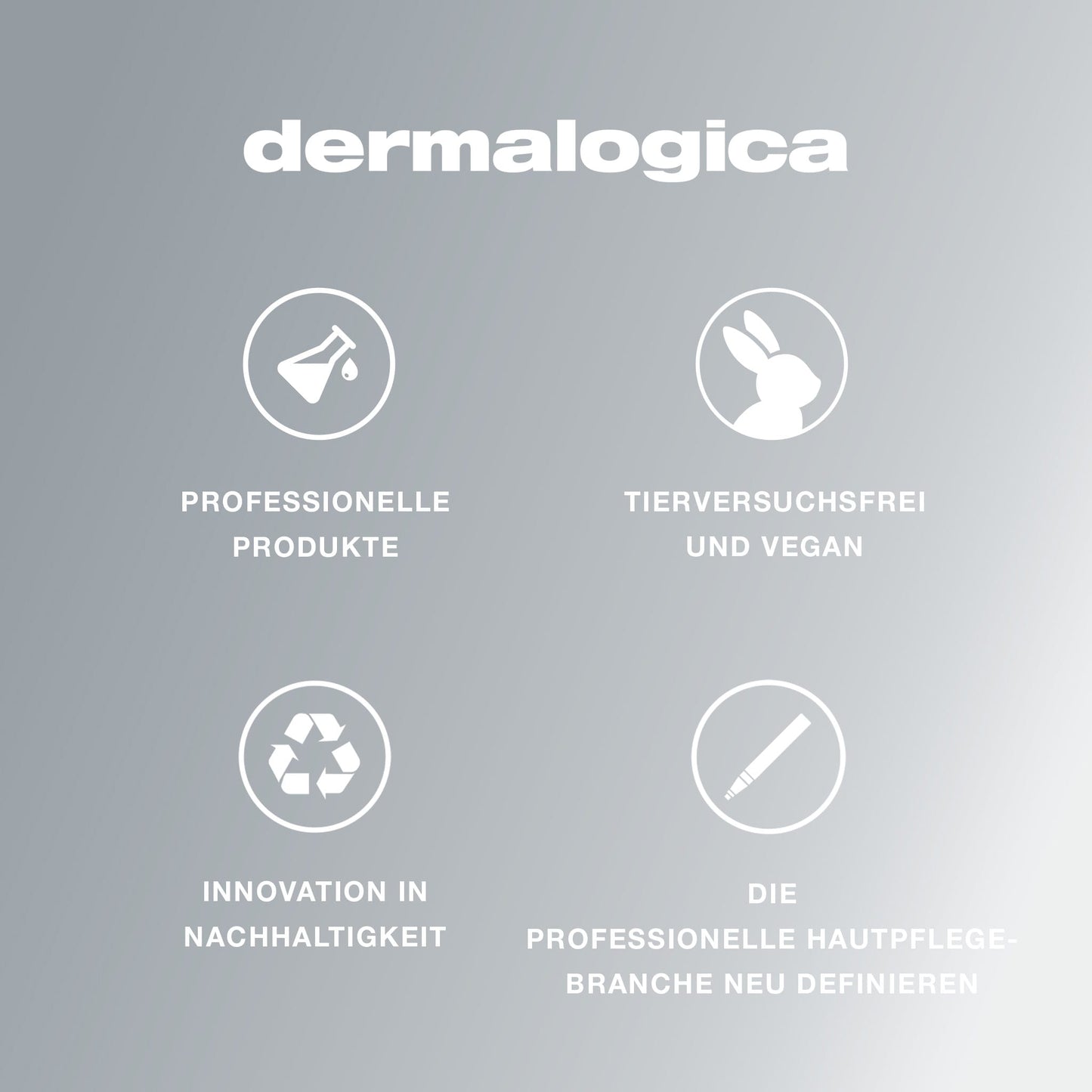 Grauer Hintergrund mit Farbverlauf, Dermalogica-Logo und vier Icons für professionelle Produkte, tierversuchsfreie und vegane Produkte, Nachhaltigkeitsinnovationen und die Neudefinition der Hautpflege mit Daily Superfoliant für intensive Hauterneuerung.
