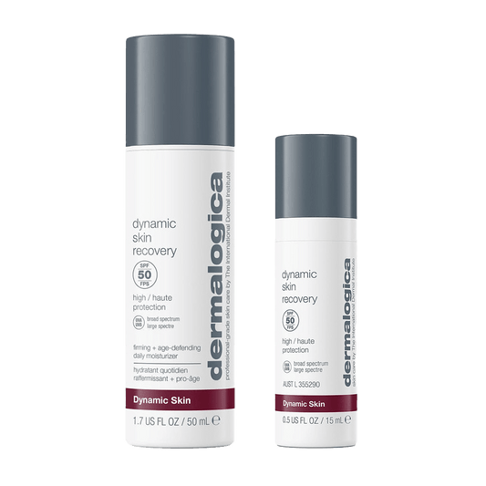 Dynamic Skin Recovery SPF50 + kostenlose Reisegröße: Enthält eine 50 ml und eine 15 ml Flasche mit weißem Etikett und dunkelgrauem Verschluss - bietet effektiven UV-Schutz und fortschrittliche Anti-Aging-Tagespflege.