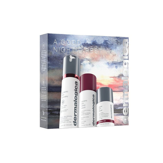 Das A Good Night's Rest Set enthält drei Anti-Aging-Produkte von Dermalogica vor einer mit Sonnenuntergang illustrierten Box und ist damit ein ideales Hautpflege-Geschenkset für strahlende, jugendliche Haut.