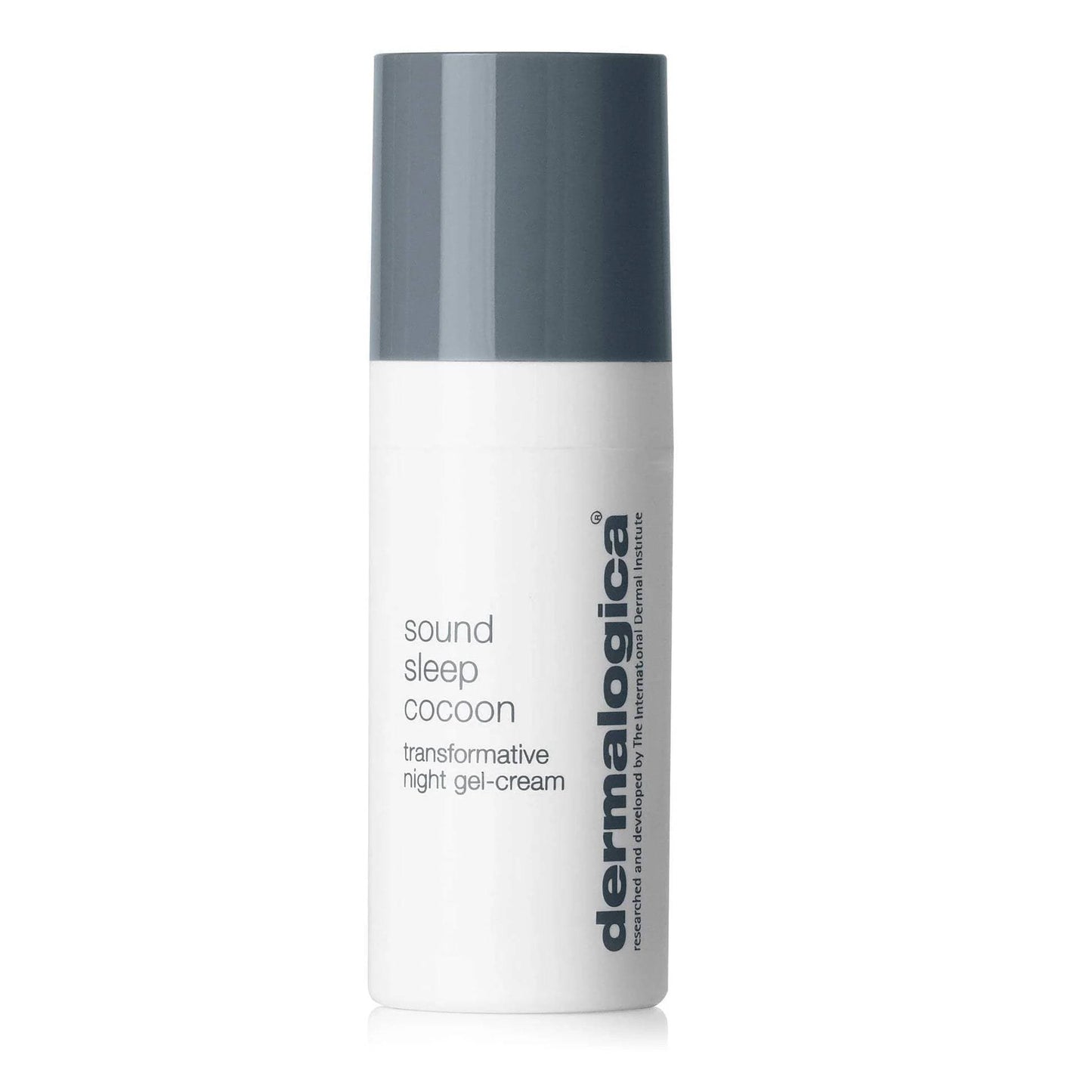 Eine Flasche Sound Sleep Cocoon | Nachtpflege von , eine transformative Gel-Creme mit weißem Körper und grauer Kappe.