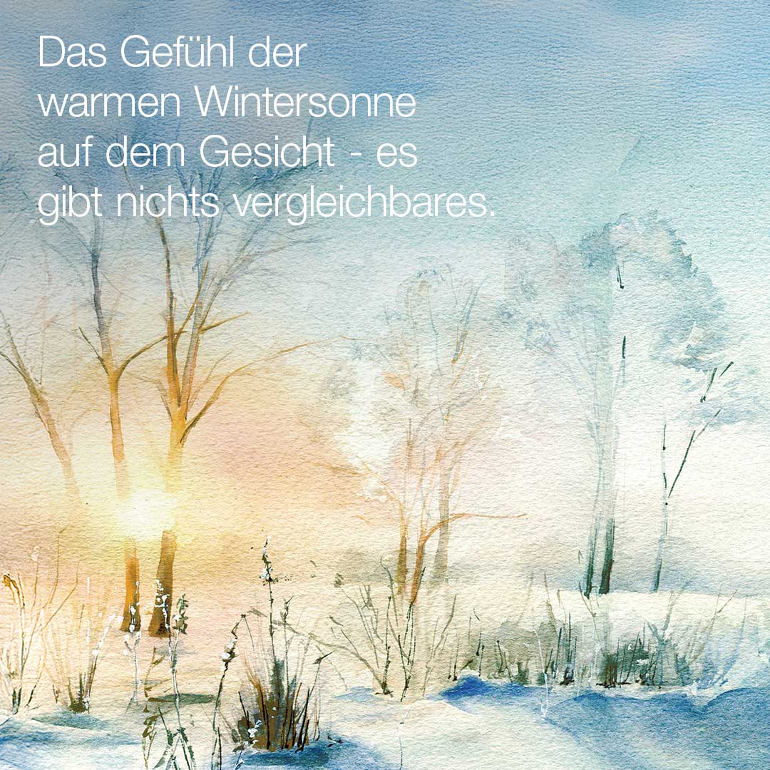 Aquarellmalerei eines verschneiten Sonnenaufgangs, bei dem das Sonnenlicht durch kahle Bäume scheint; deutscher Text über das Gefühl der Wintersonne überlagert die Kunst - perfekt, um diese warmen Momente des Wintersonnenuntergangs einzufangen.