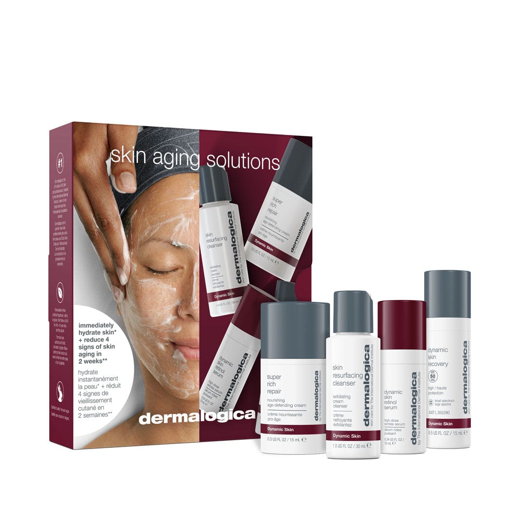 Das Skin Aging Solutions Set | Anti-Aging Pflegeset enthält Flaschen mit Anti-Aging-Serum, Reinigungsmittel und Retinol-Cremes, präsentiert mit dem Bild einer Person, die eine Gesichtsbehandlung genießt.