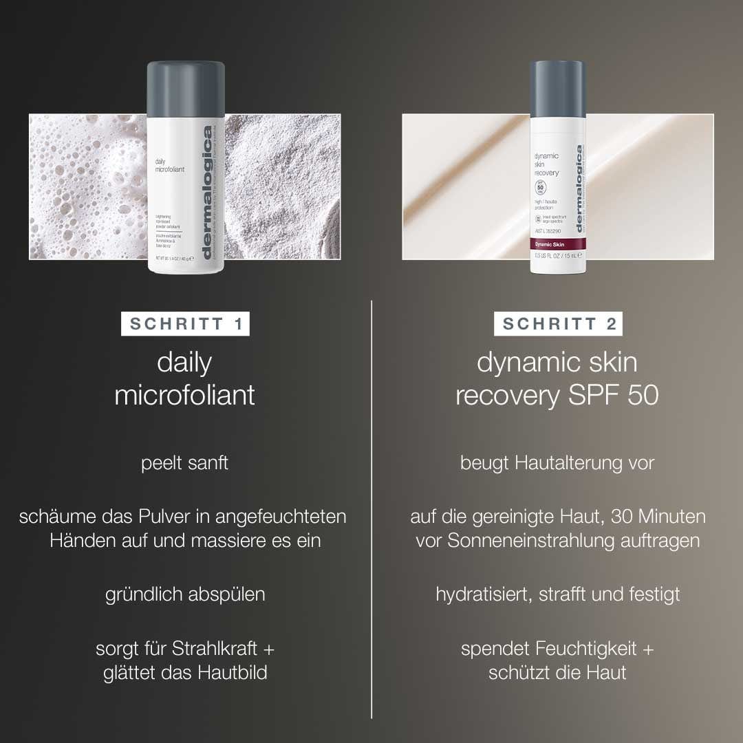 Mit dem Skin Transformation Duo erhalten Sie strahlende Haut: Daily Microfoliant sorgt für ein sanftes Peeling und glättet die Haut, während Dynamic Skin Recovery SPF50 Feuchtigkeit spendet und vor UV-Schäden schützt. Inklusive deutscher Anleitung.