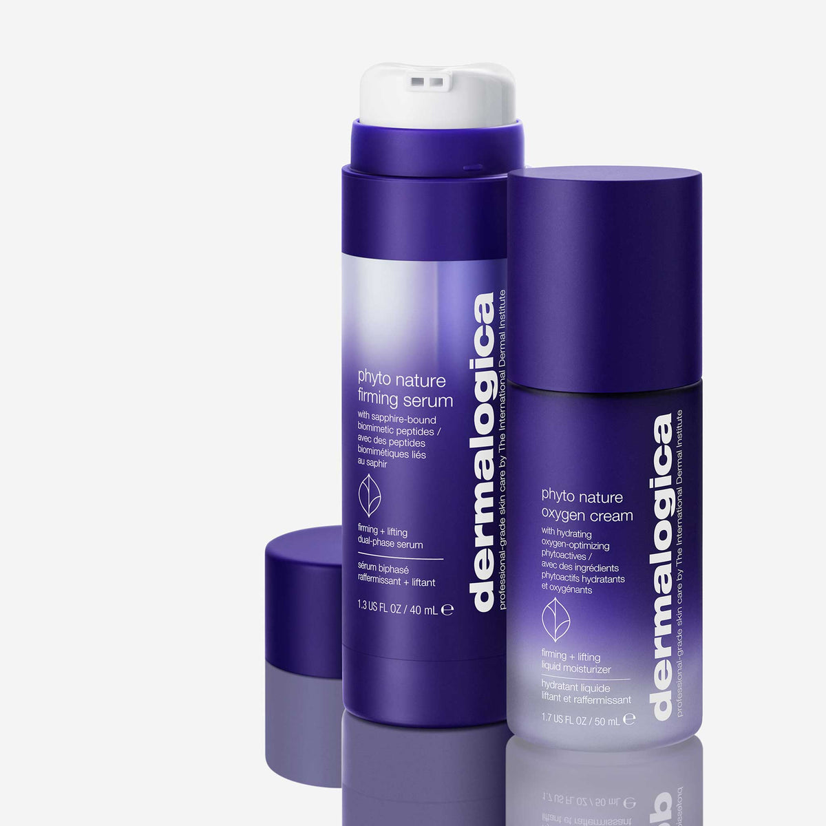 Zwei lilafarbene Dermalogica-Fläschchen - Phyto Nature Lifting Eye Cream und Phyto Nature Oxygen Cream - stehen auf einer weißen Fläche und betonen ihre fortschrittlichen Anti-Aging-Formeln für straffende Feuchtigkeit.