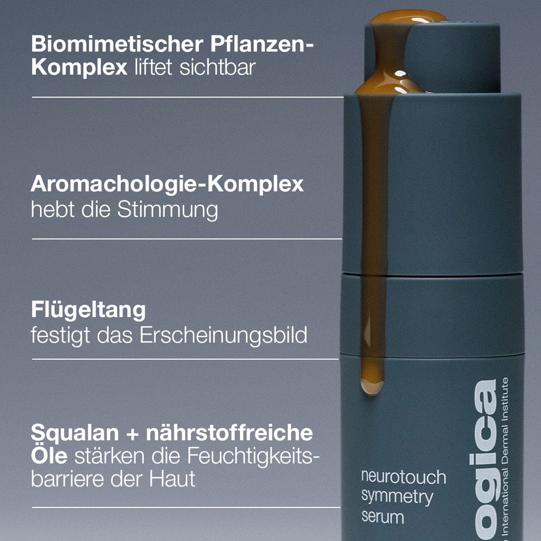 NeuroTouch Symmetry Serum in der dunklen Flasche mit deutschen Beschreibungen seiner straffenden, stimmungsaufhellenden und hautunterstützenden Wirkung - formuliert als Serum für Gesichtskonturen zur Stärkung der Feuchtigkeitsbarriere der Haut.
