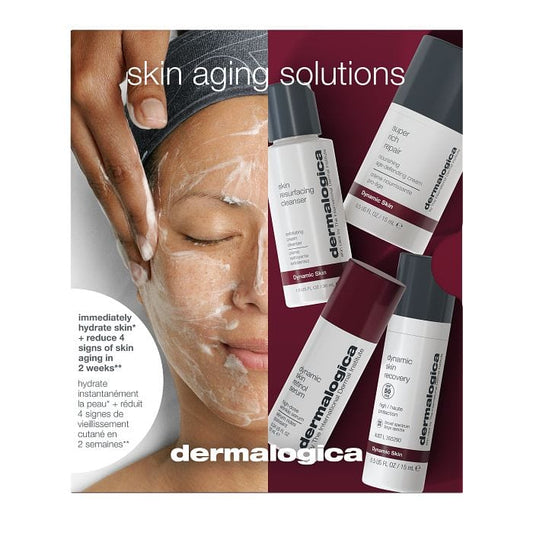 Eine Frau cremt sich ein, umgeben von vier Produkten aus dem „Skin Aging Solutions Set“ von Dermalogica, die der Hautalterung entgegenwirken sollen. Inhaltsstoffe wie Retinol Serum sorgen für effektive Anti-Aging-Ergebnisse.