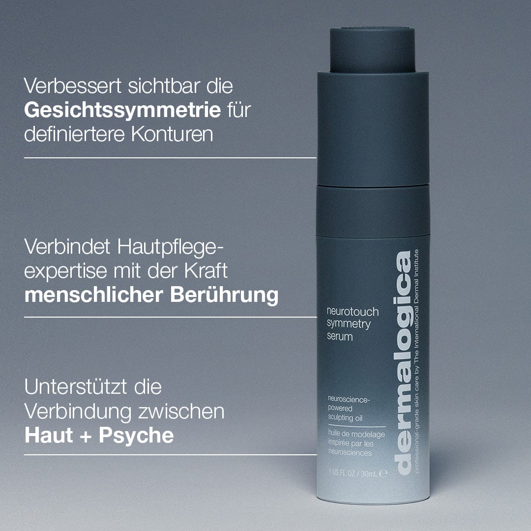Eine Flasche NeuroTouch Symmetry Serum steht aufrecht vor einem grauen Hintergrund. Der deutsche Text hebt seine neurokosmetischen Vorteile für die Gesichtskonturen hervor.