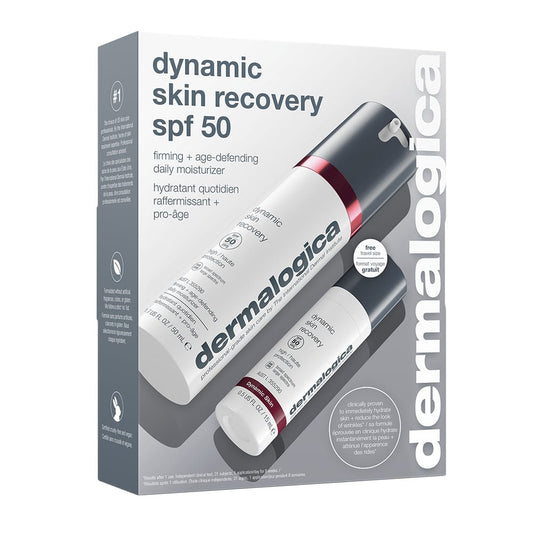 Set „Dynamic Skin Recovery SPF 50“ + kostenlose Reisegröße mit zwei Produktflaschen; der Verpackungstext hebt diese Anti-Aging-Tagespflege als straffende, alterungshemmende Feuchtigkeitscreme mit Sonnenschutz hervor.