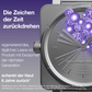Nahaufnahme einer Armbanduhr mit violetten Kugeln auf dem Zifferblatt, überlagert von deutschem Text, der für die Phyto Nature E2 Exosom Behandlung wirbt, ein Anti-Aging-Pflegeprodukt zur Regeneration der Haut.