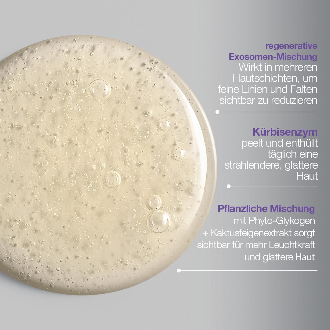 Eine Nahaufnahme eines durchsichtigen Gels mit Blasen neben einem deutschen Text, der die Vorteile von Exosomen und Kürbisenzym für die Hautregeneration in der innovativen Phyto Nature E2 Exosom Treatment Leave-on Hautpflege auf pflanzlicher Basis hervorhebt.