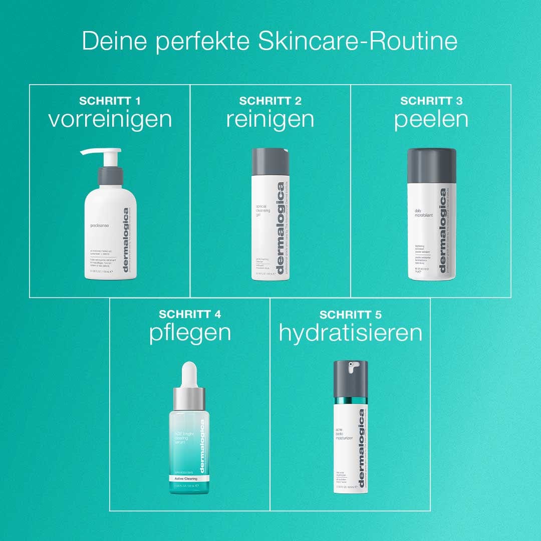 Hautpflegeroutine in fünf Schritten: Vorreinigung, Reinigung, Peeling mit Salicylsäure, Behandlung von Unreinheiten und Feuchtigkeitspflege mit Breakout Biotic Moisturizer; alle Dermalogica-Produkte werden auf einem tealfarbenen Hintergrund angezeigt.