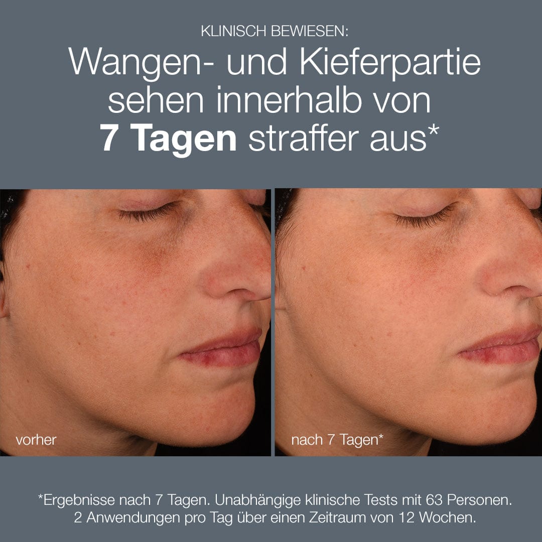 Ein Foto des Gesichts einer Frau mit Falten und Presell Pro-Collagen Banking Serum | Aufpolsterndes Serum auf die Haut auftragen.