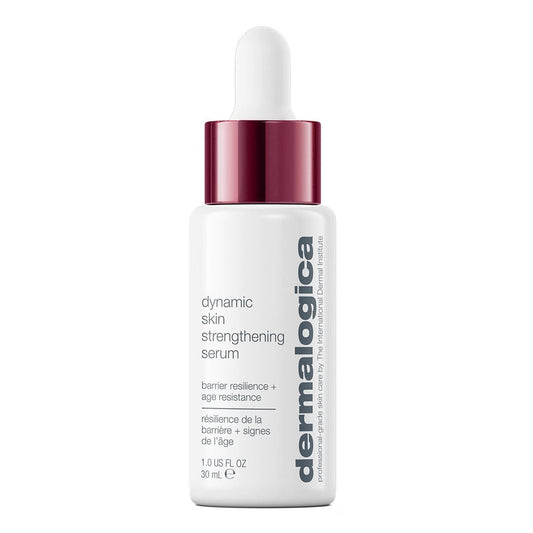Eine weiße Flasche Dynamic Skin Strengthening Serum von Dermalogica mit einem roten Tropferverschluss und Details in grauem und schwarzem Text verwendet die BioShield-Technologie zur Verbesserung der Hautelastizität.
