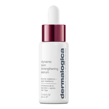 Eine weiße Flasche Dynamic Skin Strengthening Serum von Dermalogica mit einem roten Tropferverschluss und Details in grauem und schwarzem Text verwendet die BioShield-Technologie zur Verbesserung der Hautelastizität.