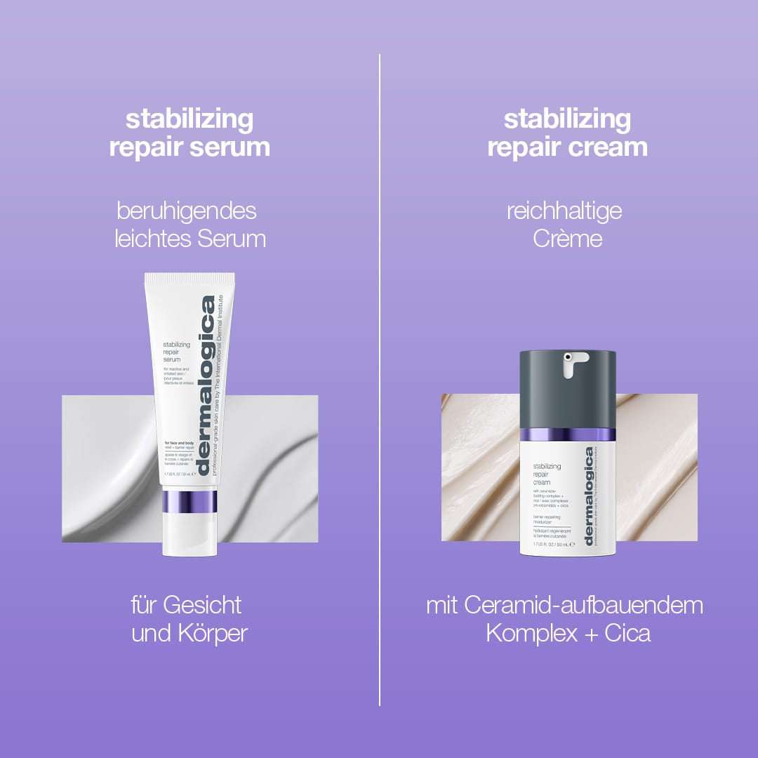 Zwei Dermalogica-Produkte für die Hautbarriere: Stabilizing Repair Serum & Cream mit kolloidalem Hafermehl gegen Ekzeme, violetter Hintergrund, Beschreibungen auf Deutsch.
