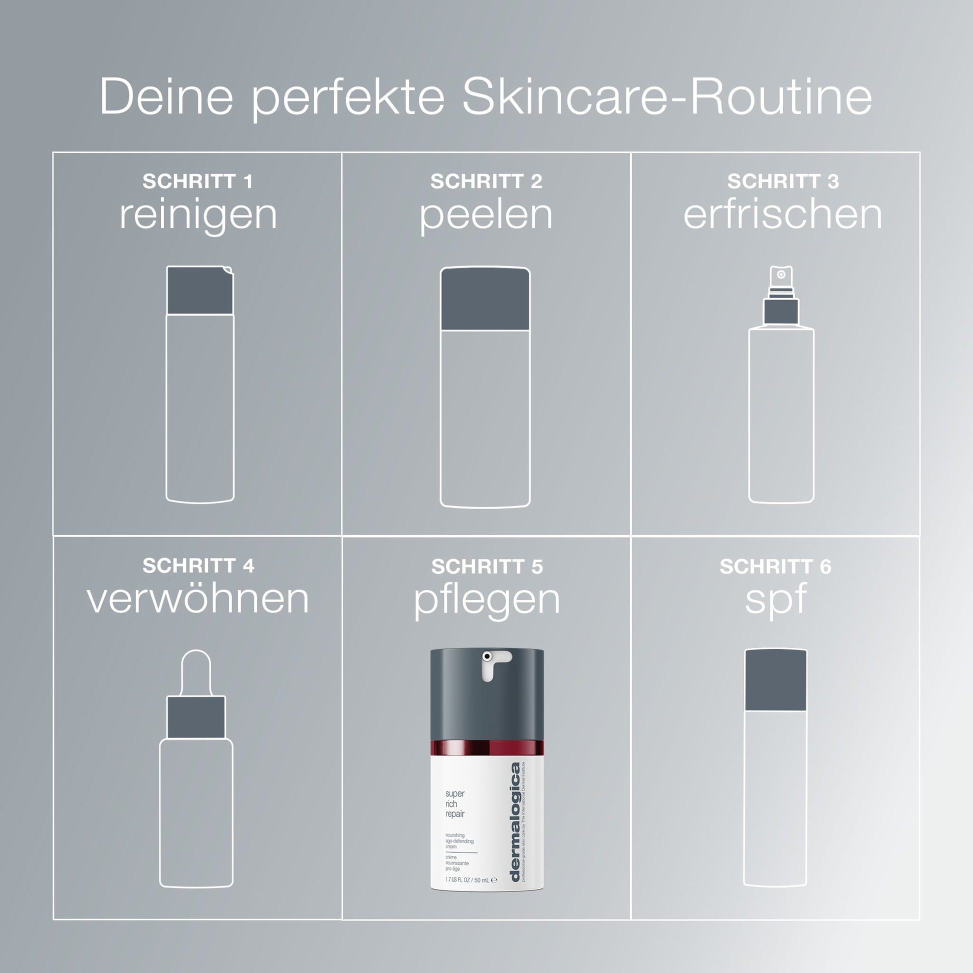 Raster mit sechs Pflegeschritten auf Deutsch mit Dermalogica: reinigen, peelen, erfrischen, verwöhnen, pflegen mit Super Rich Repair-hochkonzentrierter Moisturizer für feuchtigkeitspflege trockene Haut-und spf.