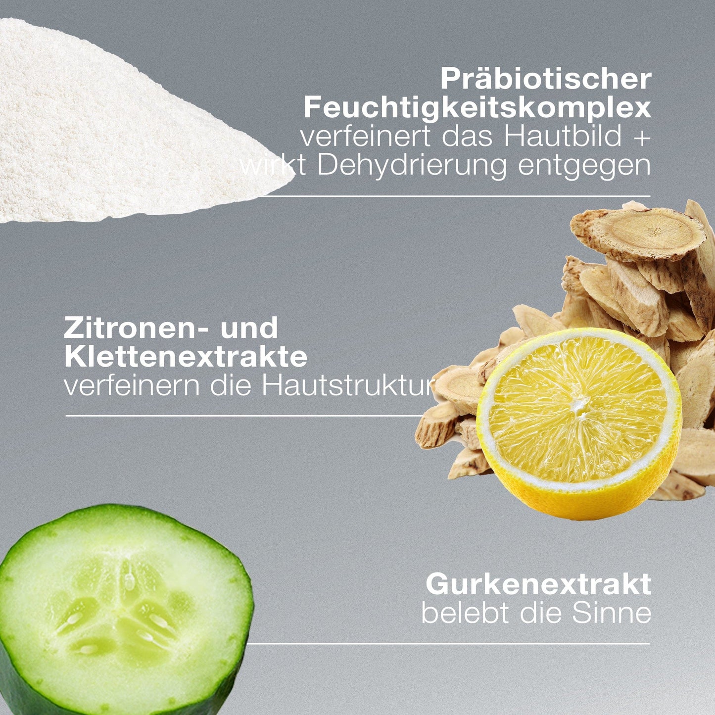 Ein Haufen weißes Pulver, geschnittene Gurke, Zitrone und Wurzelstücke sind als Hautpflegebestandteile auf grauem Hintergrund abgebildet - perfekt für Active Moist, eine ölfreie Feuchtigkeitspflege für Mischhaut.