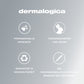Grauer Hintergrund mit Farbverlauf, Dermalogica-Logo und vier Icons für professionelle Produkte, tierversuchsfreie und vegane Produkte, Nachhaltigkeitsinnovationen und die Neudefinition der Hautpflege mit Daily Superfoliant für intensive Hauterneuerung.