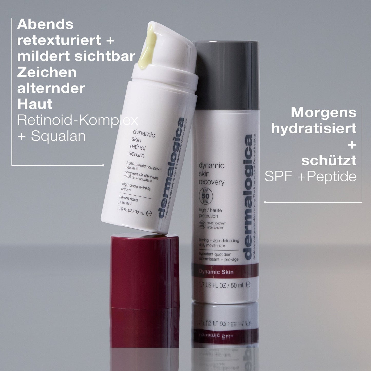 Die Abbildung zeigt das Dynamic Skin Retinol Serum von Dermalogica und eine Feuchtigkeitscreme, wobei die Vorteile für die morgendliche und abendliche Anwendung wie Squalan, LSF-Schutz, Peptide und Anti-Aging-Eigenschaften hervorgehoben werden.