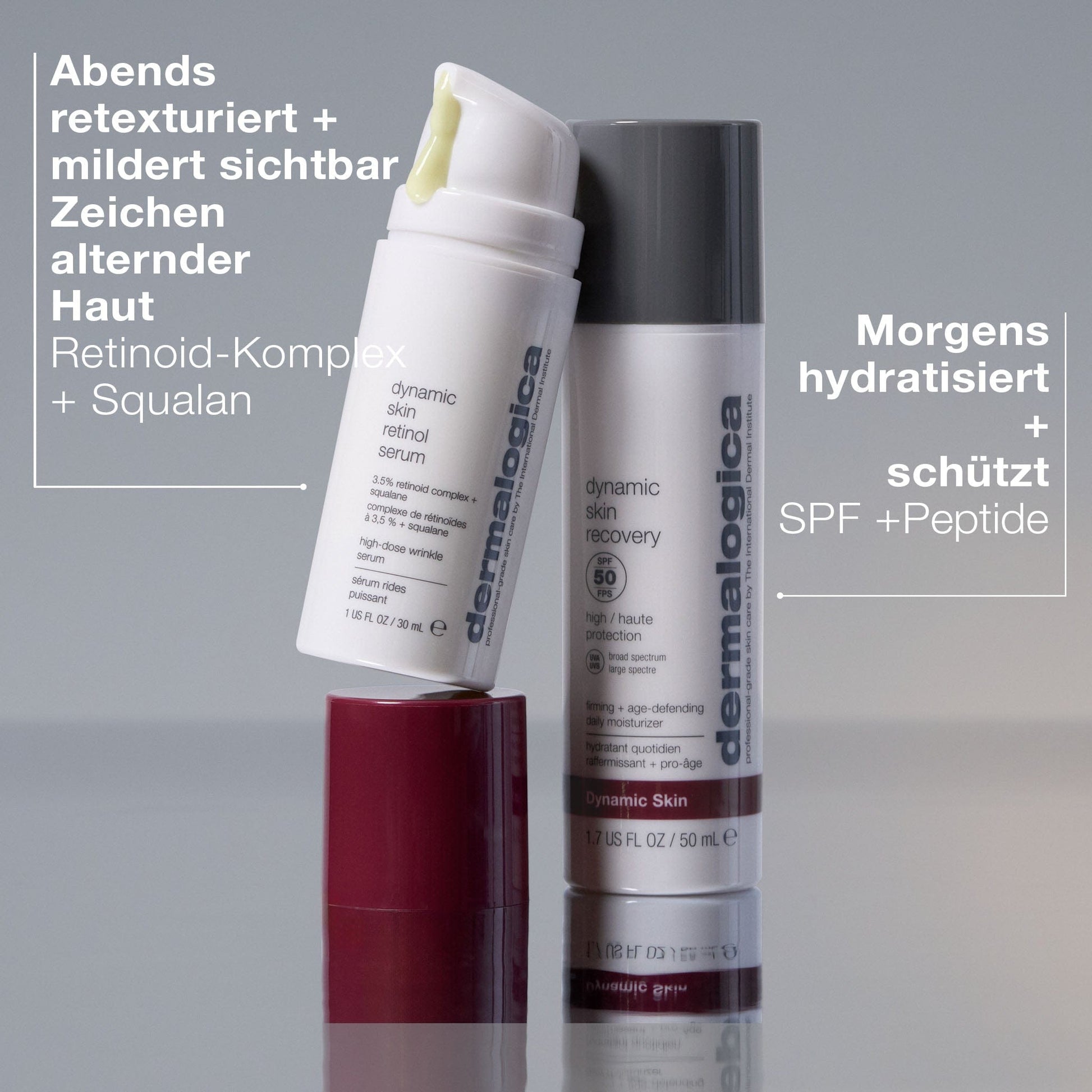 Die Abbildung zeigt das Dynamic Skin Retinol Serum von Dermalogica und eine Feuchtigkeitscreme, wobei die Vorteile für die morgendliche und abendliche Anwendung wie Squalan, LSF-Schutz, Peptide und Anti-Aging-Eigenschaften hervorgehoben werden.