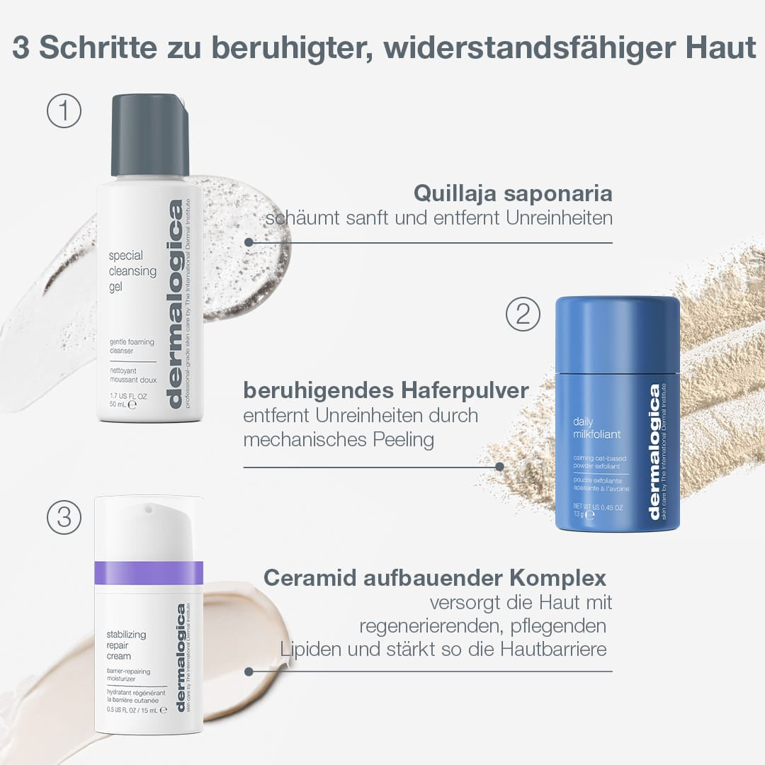 „Expert Barrier Repair Set“ von Dermalogica: Enthält Reinigungsgel, beruhigendes Hafermehl und einen Ceramid-Komplex – speziell für empfindliche Haut entwickelt. Die auf hellem Hintergrund präsentierten Proben bieten beruhigende Hautpflege und unterstützen die Stärkung der Hautbarriere.