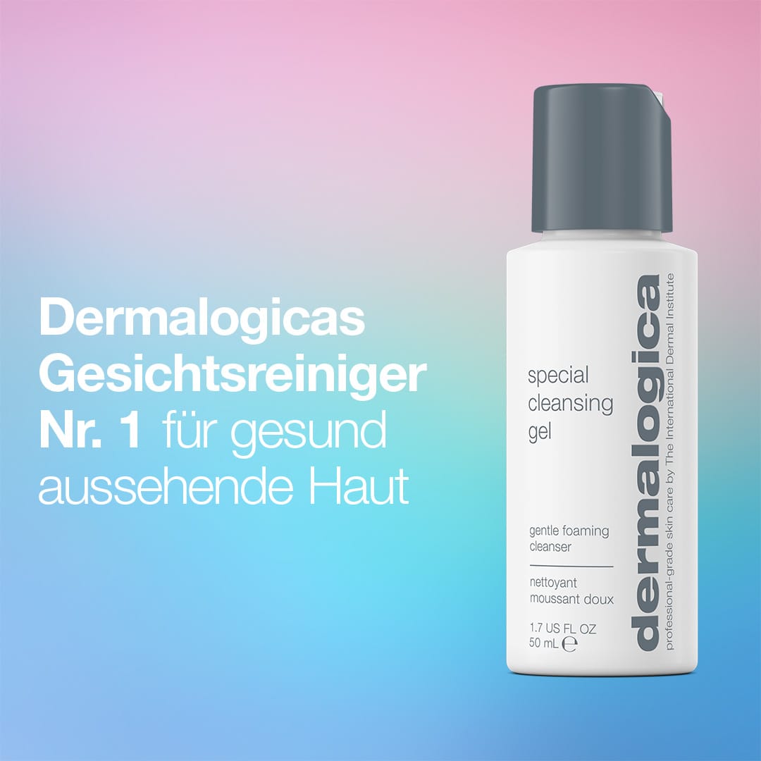 Neben einem deutschen Werbetext, in dem das Produkt als die Nummer eins unter den Reinigungsprodukten für gesund aussehende Haut und als ideal für empfindliche Haut von Dermalogica angepriesen wird, ist eine Flasche aus dem „Expert Barrier Repair Set“ zu sehen – vor einem rosa-blauen Farbverlaufshintergrund, der die beruhigende Hautpflege zur Stärkung der Hautbarriere hervorhebt.