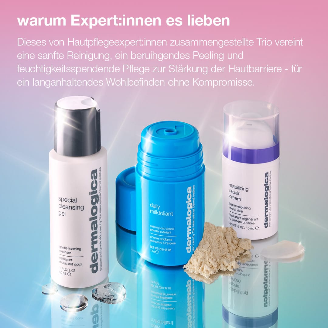 Drei Produkte aus dem „Expert Barrier Repair Set“ von Dermalogica – ein Reinigungsgel, ein Peeling und eine Feuchtigkeitscreme – sind vor einem rosa-blauen Hintergrund abgebildet, wobei vor den jeweiligen Behältern kleine Proben der einzelnen Produkte zu sehen sind. Das „Expert Barrier Repair Set“ eignet sich ideal für empfindliche Haut und bietet beruhigende Hautpflegeformeln, die dazu beitragen, Ihre Hautbarriere zu stärken.