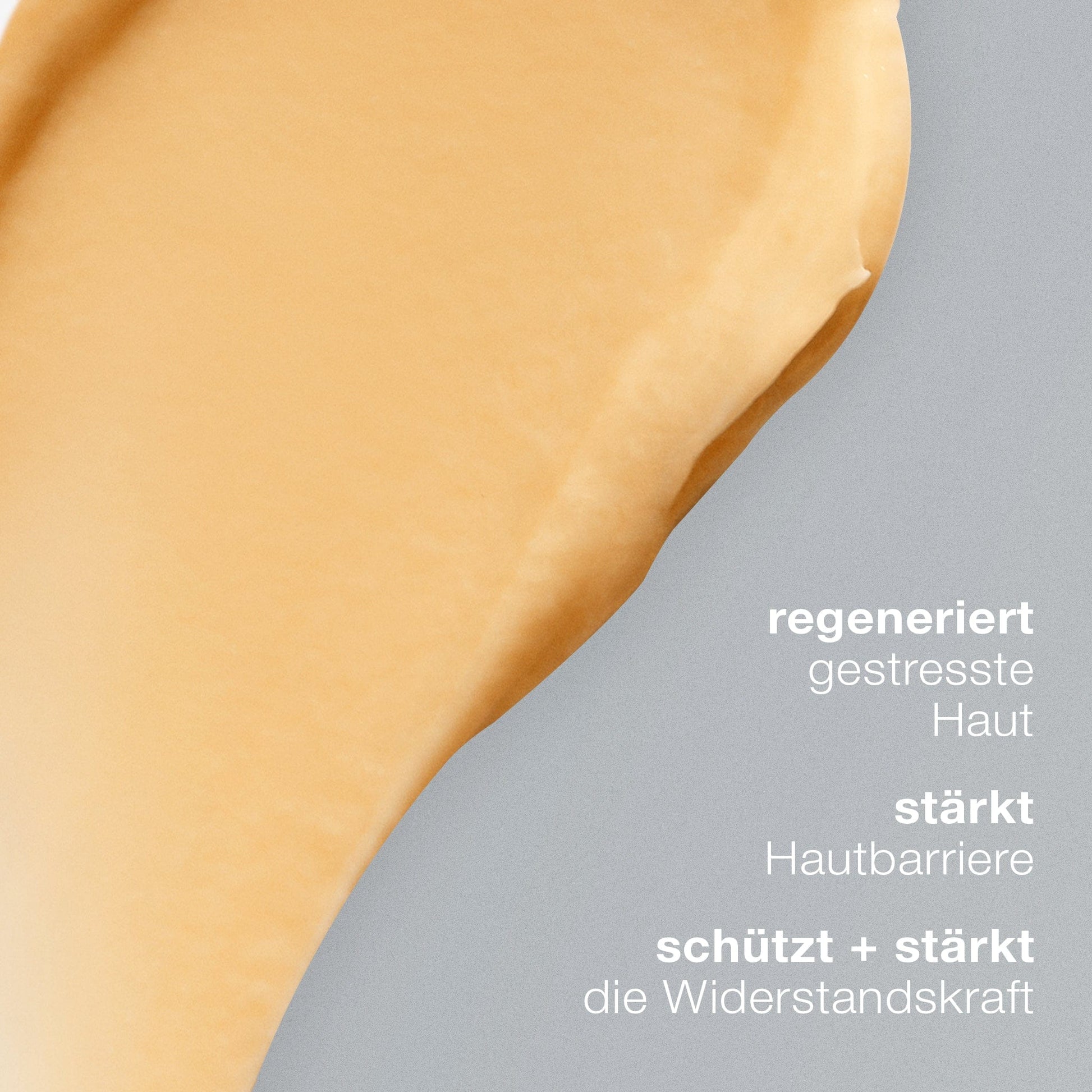 Eine Nahaufnahme eines hautfarbenen Cremeschmierens auf Grau mit deutschem Text, der die Vorteile der antioxidativen MultiVitamin Power Recovery Masque beschreibt: Regeneration, Stärkung der Barriere und Schutz.