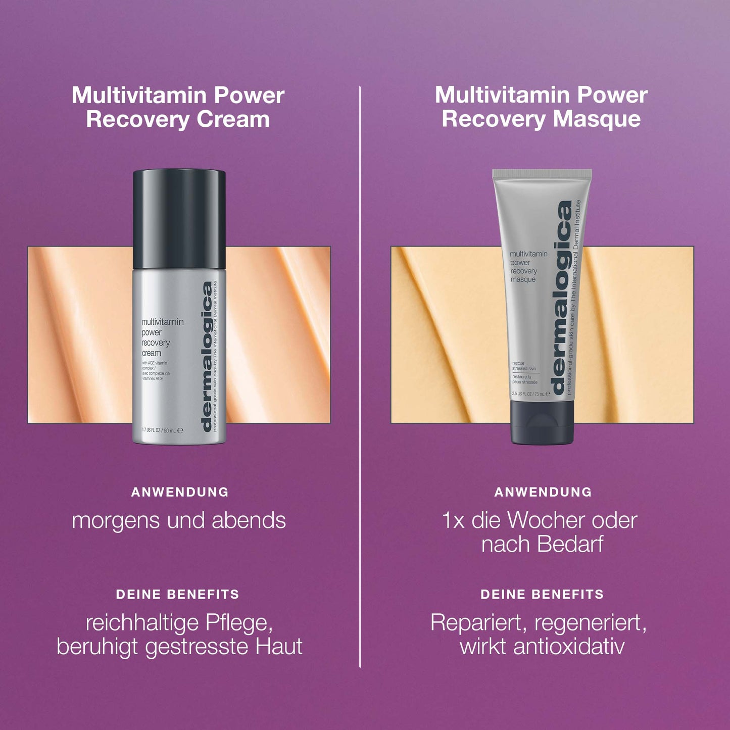 Seite-an-Seite-Vergleich von MultiVitamin Power Recovery Cream mit Anwendungshinweisen und Vorteilen für gestresste Haut auf violettem Hintergrund.