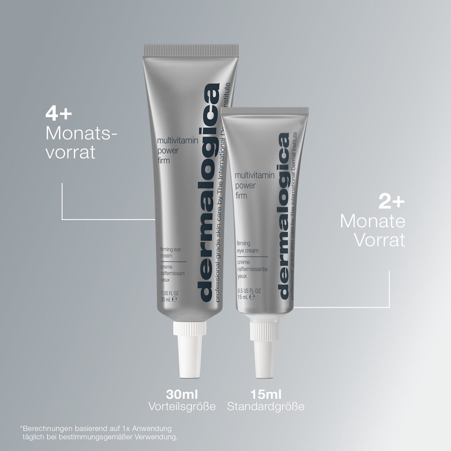 Zwei Tuben MultiVitamin Power Firm (30 ml für 4+ Monate, 15 ml für 2+ Monate) mit straffender Augenpflege und Anti-Aging-Vitaminkomplex auf hellgrauem Hintergrund.