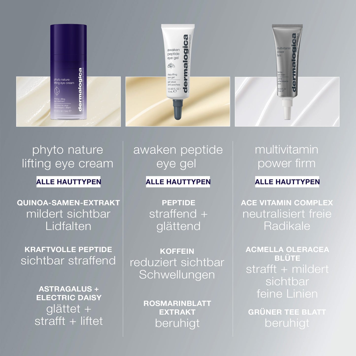 Entdecken Sie drei Dermalogica Augencremes - Phyto Nature Lifting Eye Cream für einen sichtbaren Lifting-Effekt, Awaken Peptide und Multivitamin Power Firm. Alle sind für jeden Hauttyp geeignet und helfen, das Augenlid zu straffen. Inklusive Kurzbeschreibungen und Farbmuster.