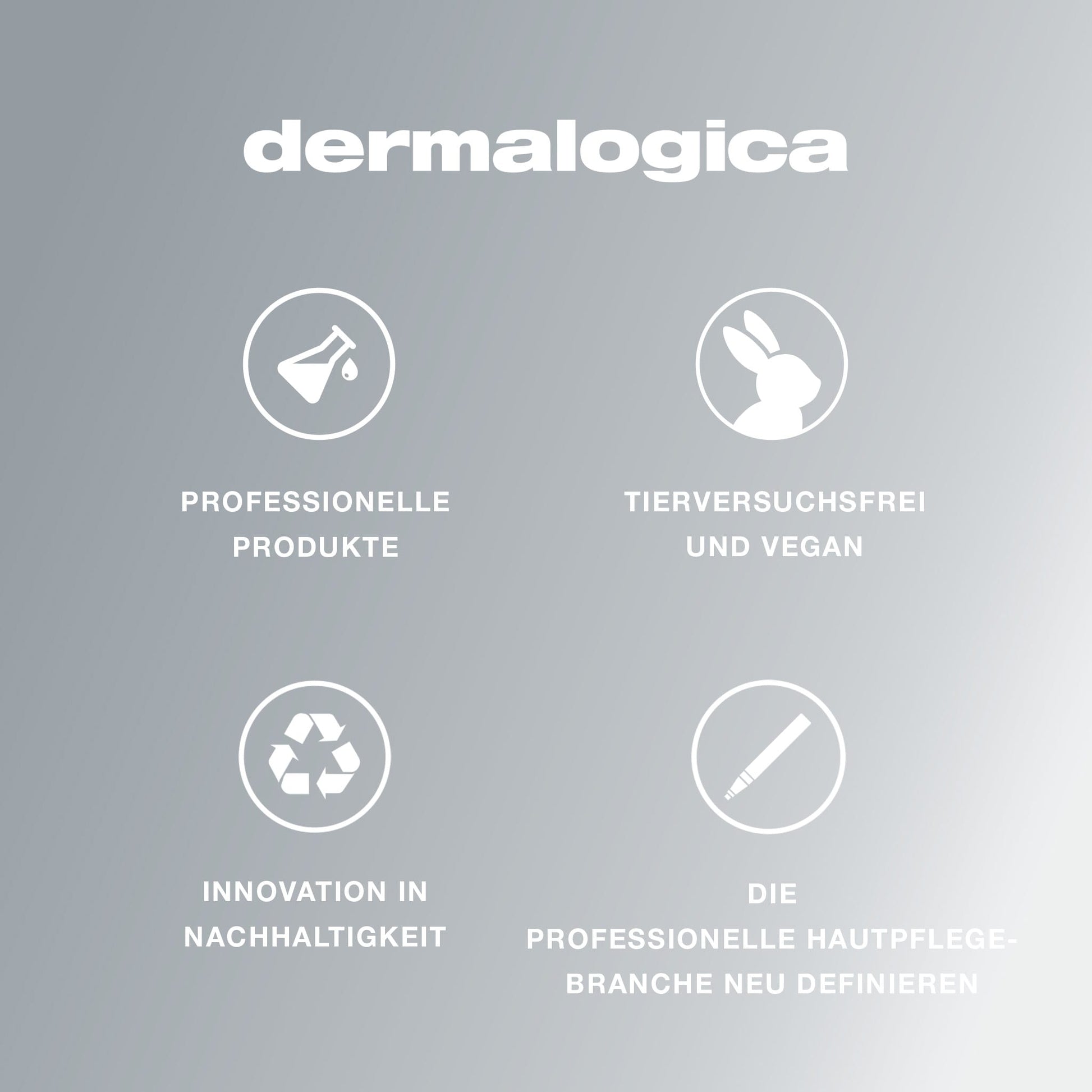 Das Dermalogica-Branding enthält deutsche Texte und Symbole, die für die Vorteile von Kollagen Haut, das Pro-Collagen Banking Serum, grausamkeitsfreie vegane Formeln, nachhaltige Innovationen und einen neuen Standard in der professionellen Hautpflege werben.