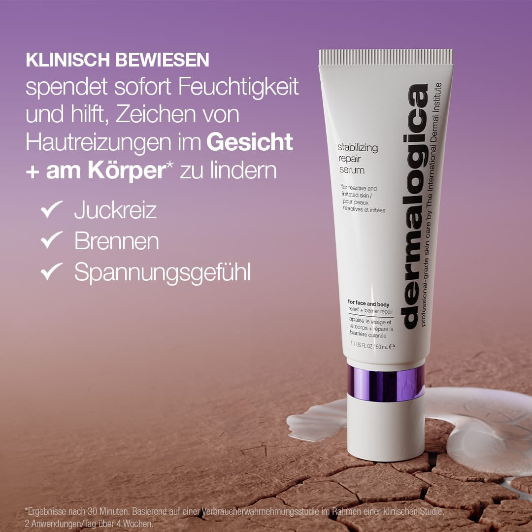 Eine Tube „Stabilizing Repair Serum mit kolloidalem Hafermehl“ steht auf einem Stein; Vorteile: Serum gegen Ekzeme und Stärkung der Hautbarriere, vor violettem Hintergrund.