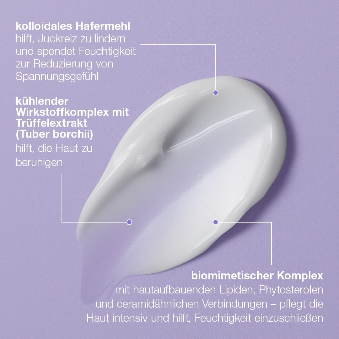 Cremig-weißes Stabilisierendes Reparaturserum auf lavendelfarbenem Hintergrund, mit deutschem Text, der hervorhebt, dass kolloidales Hafermehl die Hautbarriere stärkt und die Haut beruhigt.