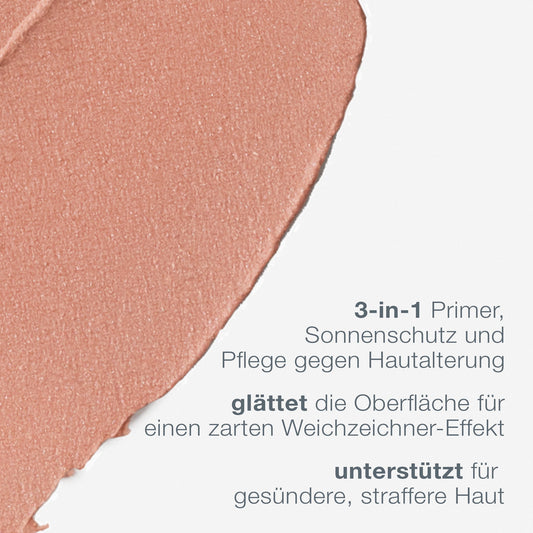Ein Muster des pfirsichfarbenen Creme-Make-ups mit der Aufschrift "SkinPerfect Primer SPF30" und einem deutschen Text, der es als 3-in-1-Make-up-Grundierung, Sonnenschutz und Anti-Age-Pflege für glatte, gesunde Haut beschreibt.