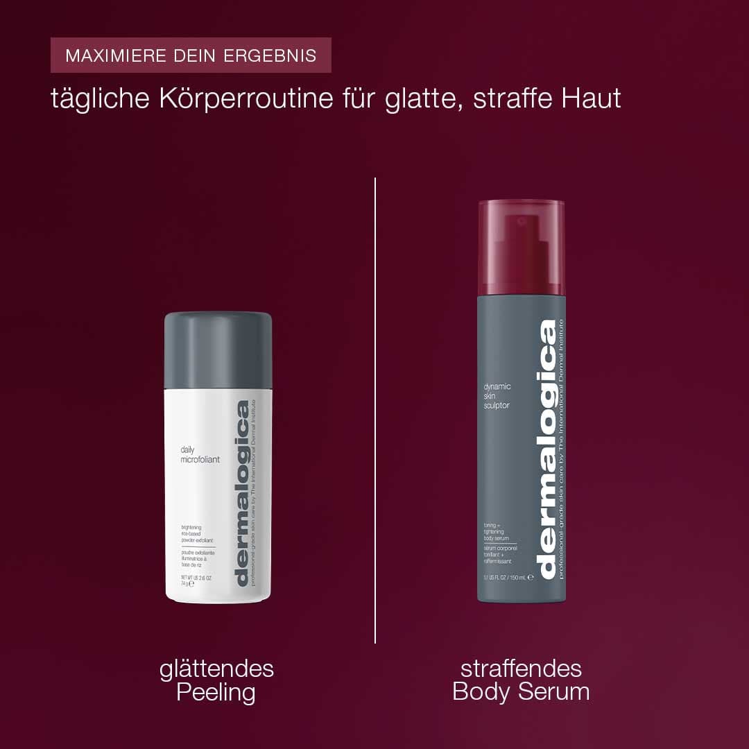 Zwei Dermalogica Produkte auf burgundrotem Hintergrund: ein glättendes Peeling zur Hautregeneration und das straffende Dynamic Skin Sculptor Körper-Serum für spürbar festere Haut.