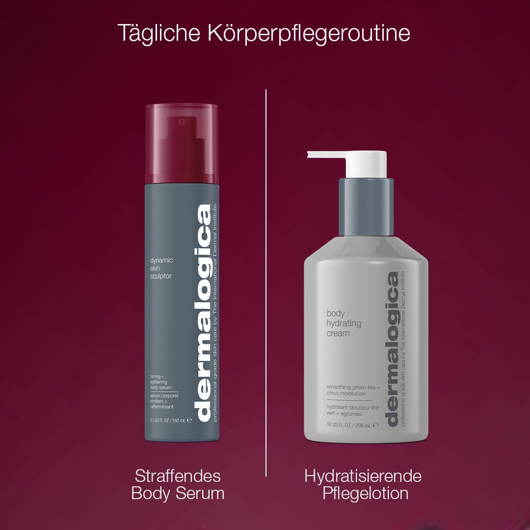 Zwei Dermalogica Produkte auf burgundfarbenem Hintergrund: Links das Körper-Serum Dynamic Skin Sculptor für straffere Haut, rechts die Body Hydrating Cream. Über beiden befinden sich deutsche Produktbeschreibungen.