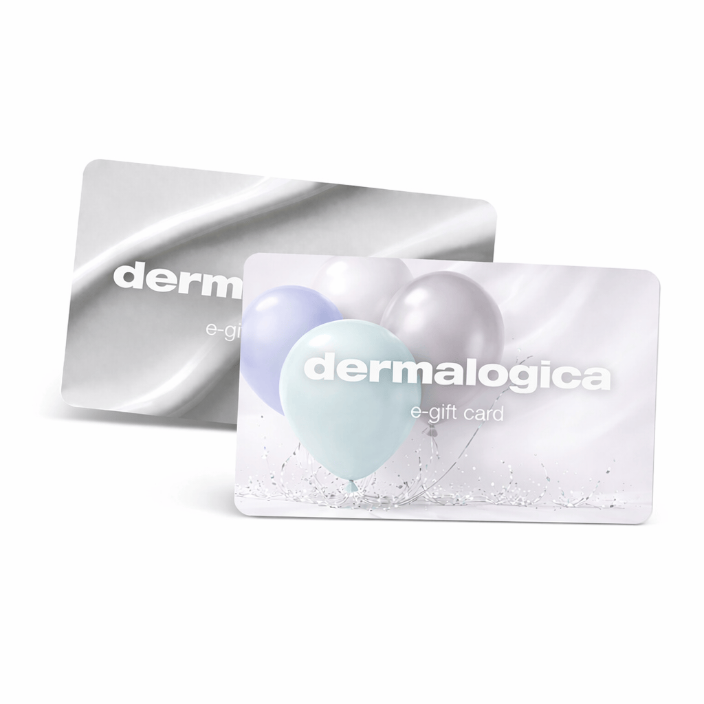 Zwei Dermalogica Geschenkgutscheine: einer mit silber-weißem, abstraktem Design, einer mit pastellfarbenen Ballons - das perfekte Geschenk für gesunde Haut und ideal für den Dermalogica Onlineshop.