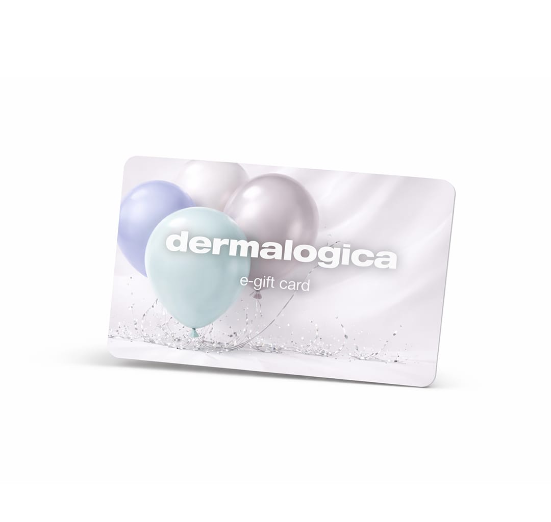 Ein Dermalogica Geschenkgutschein mit drei pastellfarbenen Luftballons auf weißem Hintergrund und "dermalogica e-gift card" - das ideale Geschenk für gesunde Haut, erhältlich im Dermalogica Onlineshop.