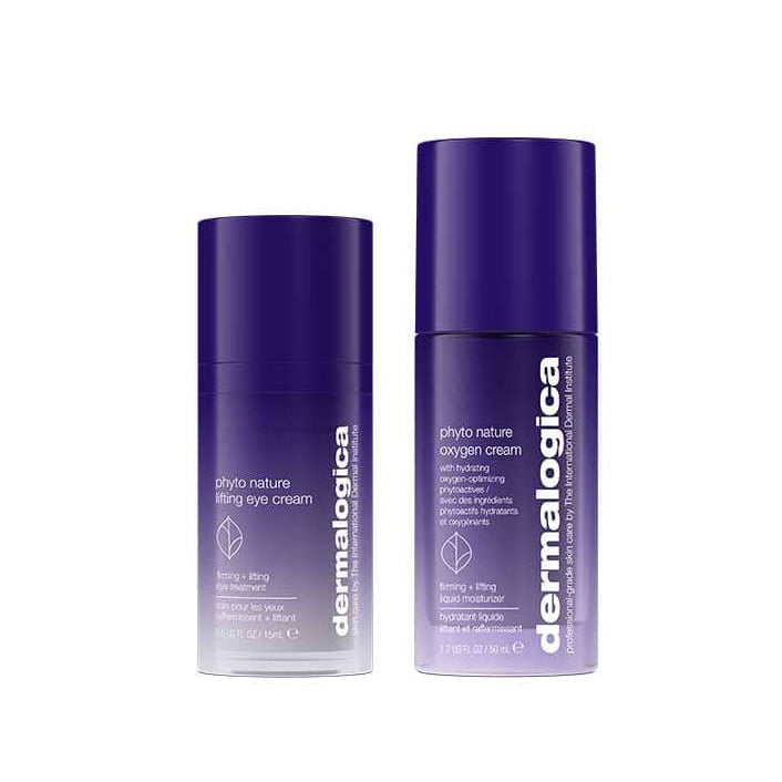 Zwei lilafarbene Flaschen mit der Phyto Nature Lifting Eye Cream und der Phyto Nature Oxygen Cream von Dermalogica stehen auf weißem Hintergrund - ideal für Anti-Aging- und straffende Feuchtigkeitsroutinen.