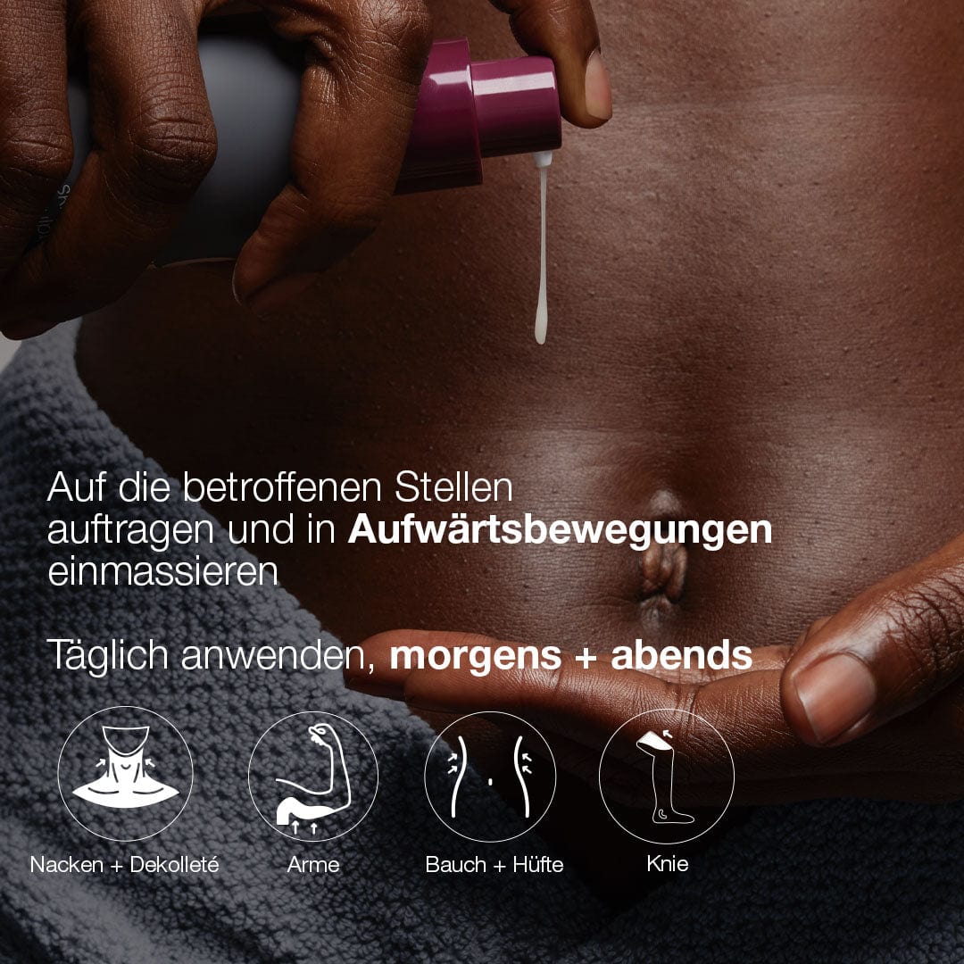 Eine Person trägt Dynamic Skin Sculptor aus der Flasche auf ihren nackten Bauch auf, wobei deutsche Anweisungen zu Anwendungsbereichen und -zeiten eingeblendet sind, die die Vorteile der Hautstraffung hervorheben.