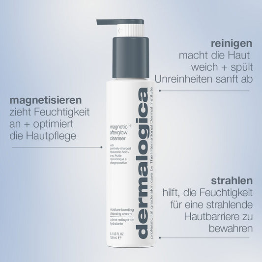 Ein Magnetic[+] Afterglow Cleanser – Testflasche mit deutschem Text, der die reinigende, feuchtigkeitsspendende und strahlende Wirkung von Hyaluron hervorhebt.