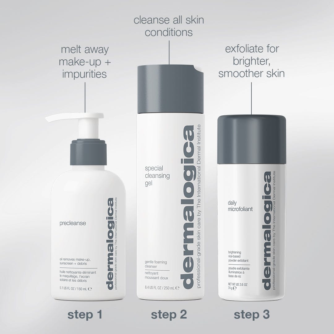 Das Let it Glow Set von Dermalogica besteht aus drei Pflegeprodukten, die mit den Schritten 1 (Precleanse), 2 (Special Cleansing Gel) und 3 (Daily Microfoliant) bezeichnet sind und ein Reinigungsset für gesunde Haut bilden, mit kurzen Funktionsbeschreibungen über jeder Flasche.