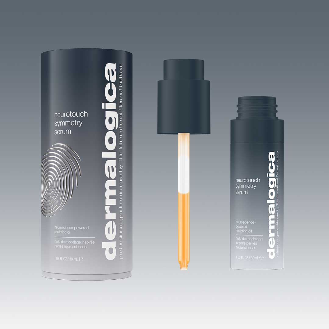 NeuroTouch Symmetry Serum verpackt die Neuropeptidpflege für die Gesichtskonturen in einer zylindrischen Verpackung - Serumflasche und Tropfer mit orangefarbener Flüssigkeit - perfekt für die gezielte Pflege der Gesichtskonturen.