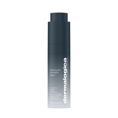 Eine dunkelgraue Flasche NeuroTouch Symmetry Serum mit weißem Text und einem Pumpspender, entwickelt für Gesichtskonturen mit Neuropeptiden, ist isoliert auf einem weißen Hintergrund abgebildet.