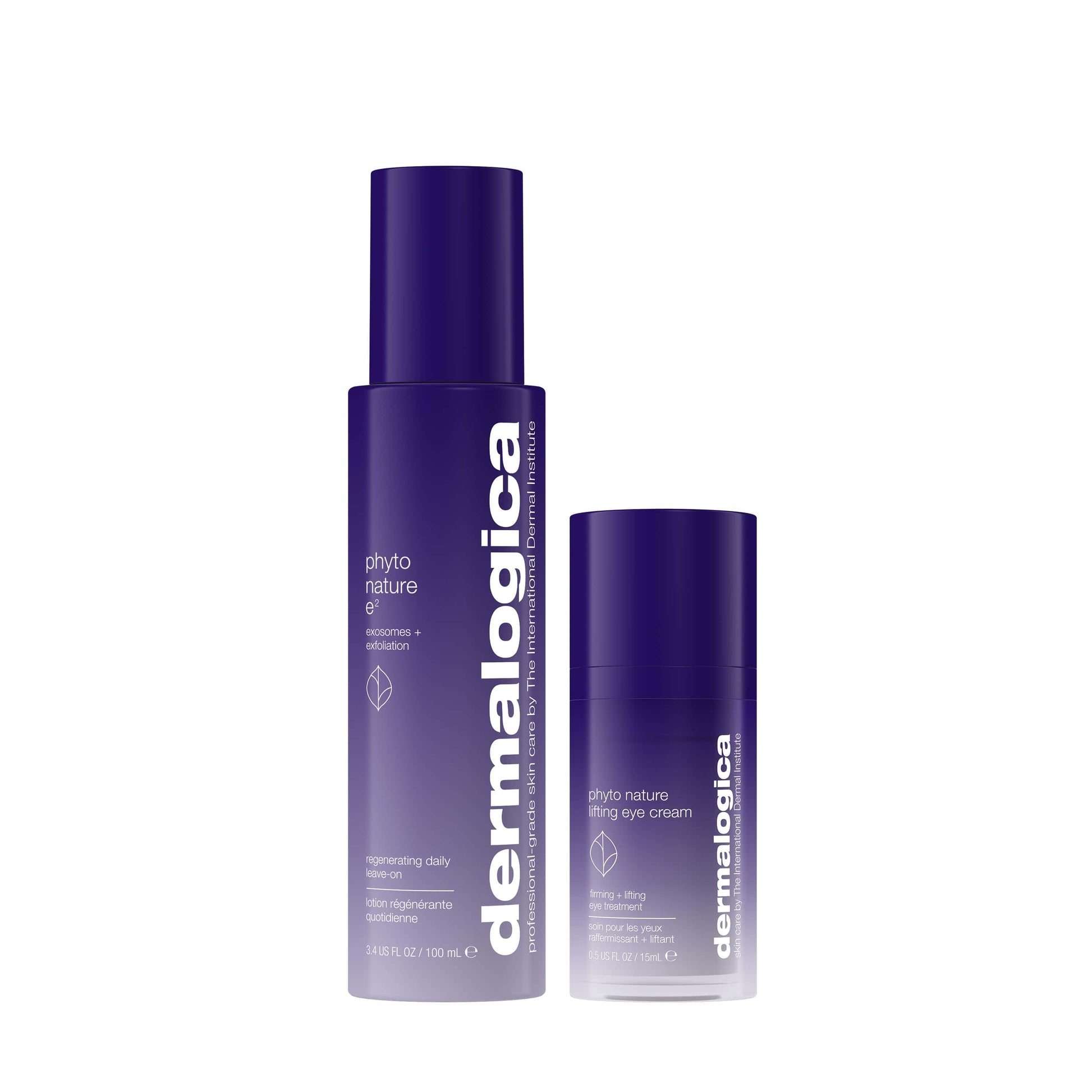 Zwei lilafarbene Dermalogica-Pflegeflaschen - die größere "Phyto Nature E2 Exosom Treatment" und die kürzere "Phyto Nature Lifting Eye Cream" - stehen auf einem weißen Hintergrund und präsentieren die fortschrittliche Phyto Nature-Linie.