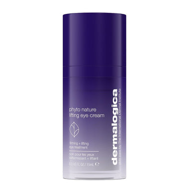 Eine violette, zylindrische Flasche mit der Aufschrift „Phyto Nature Lifting Eye Cream“, die 15 ml straffende Augencreme zur Faltenreduzierung und zur Straffung der Augenlider enthält.