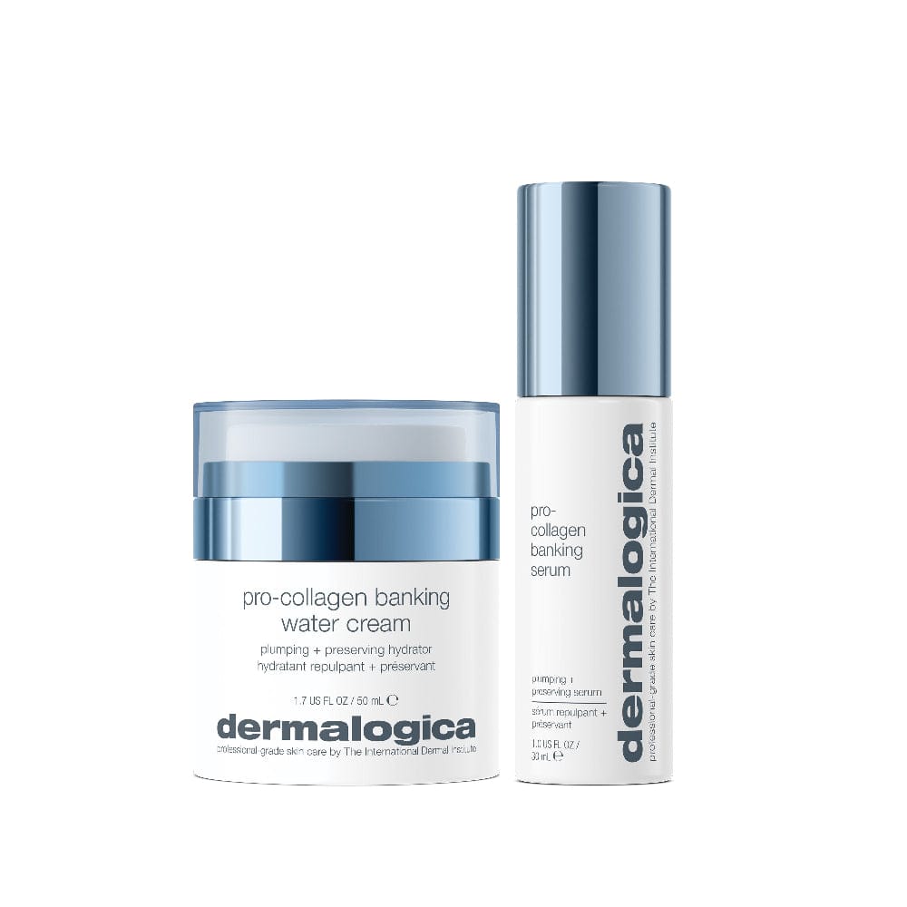 Zwei wesentliche Produkte von Dermalogica: Die Pro-Collagen Banking Water Cream im Tiegel und das Pro-Collagen Banking Serum in einer eleganten Pumpe, beide in einer blau-weißen Verpackung für einen frischen, modernen Look.
